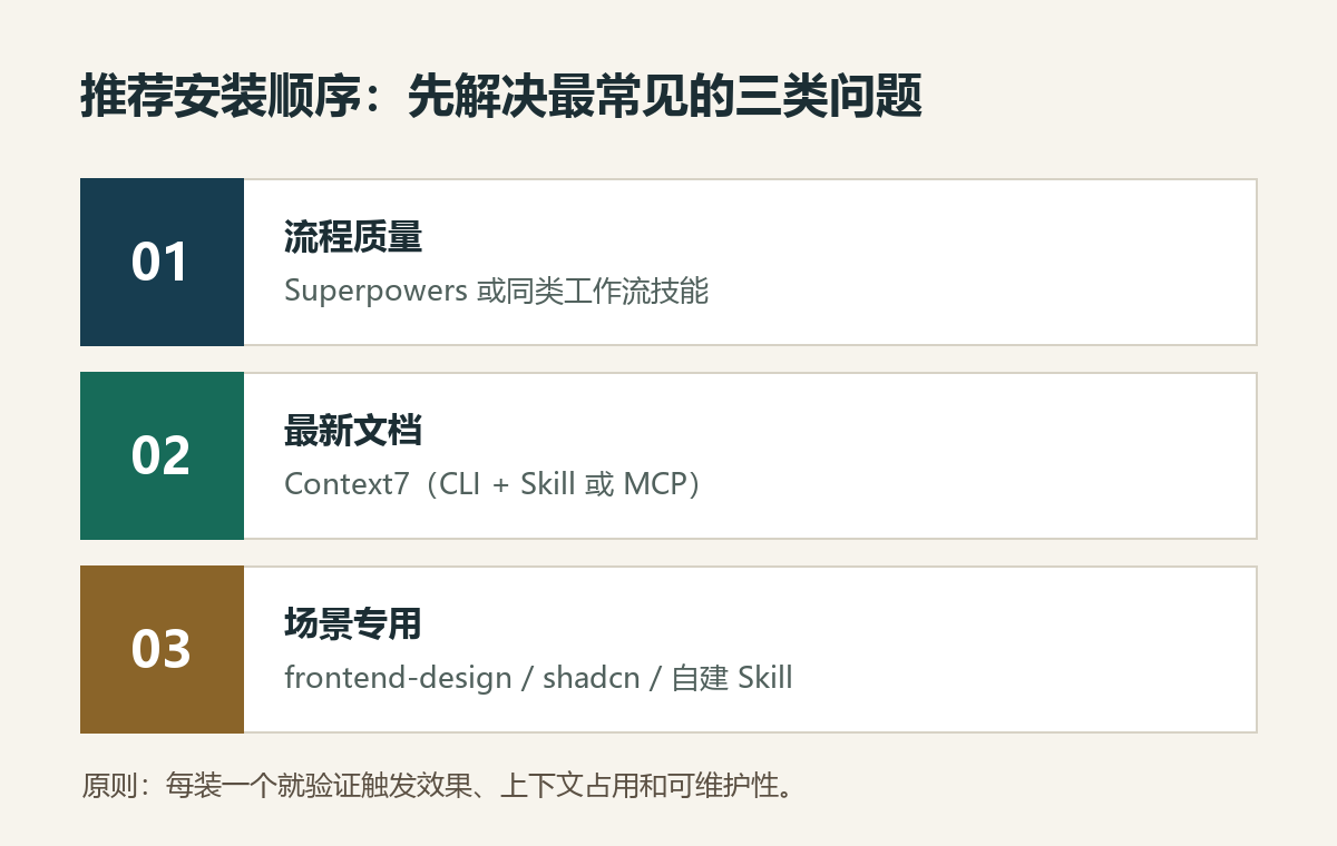 Claude Code Skills 推荐安装顺序示意图