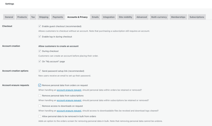 WooCommerce 账户与隐私设置页面
