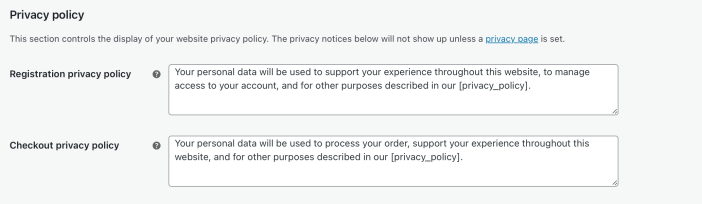 WooCommerce 账户与隐私中的隐私政策提示设置界面