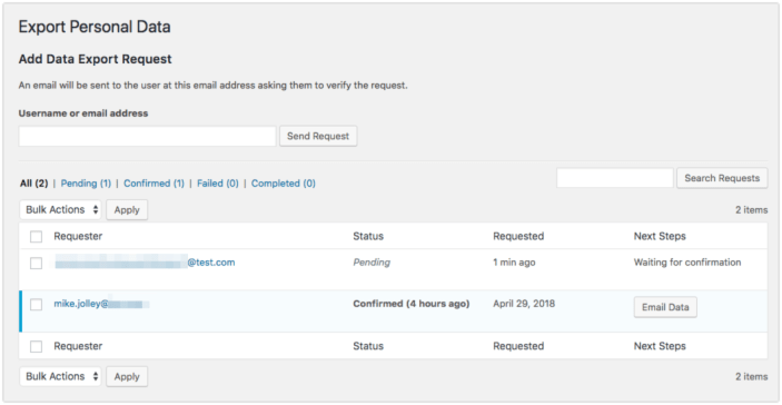 WordPress 后台个人数据导出工具界面