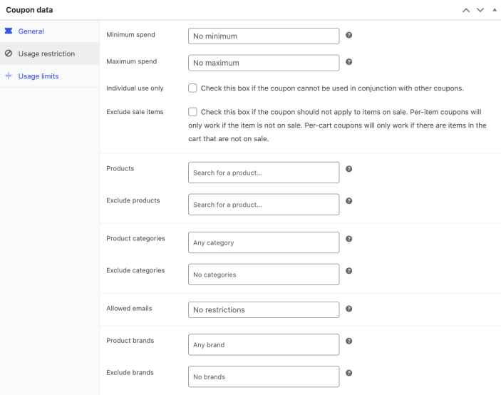 WooCommerce coupon usage restriction settings page