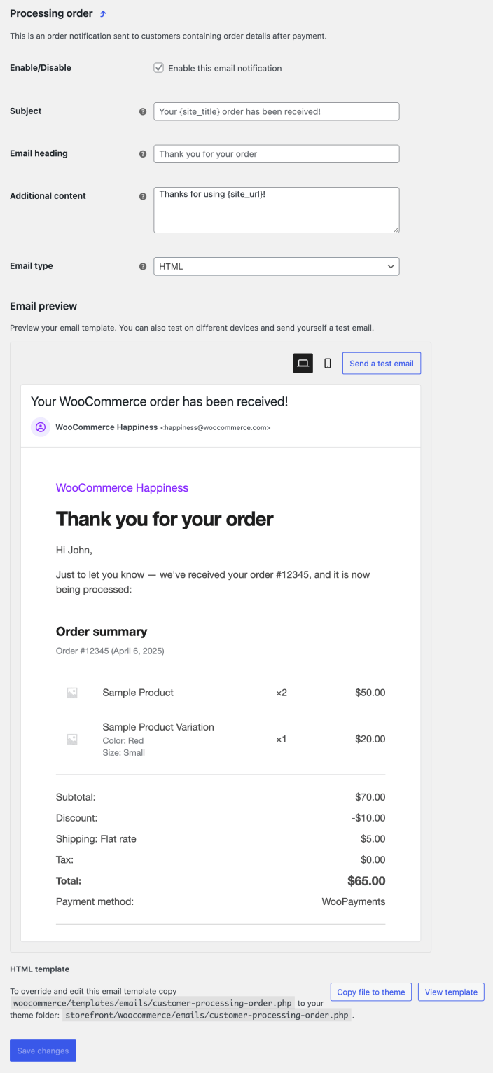 WooCommerce 处理中订单邮件设置页面
