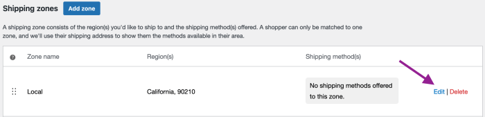 WooCommerce 配送区域中添加配送方式的界面