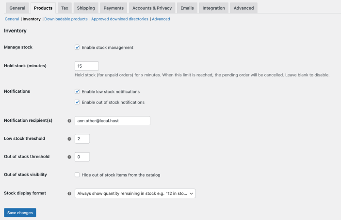 WooCommerce 产品设置中的库存选项页面