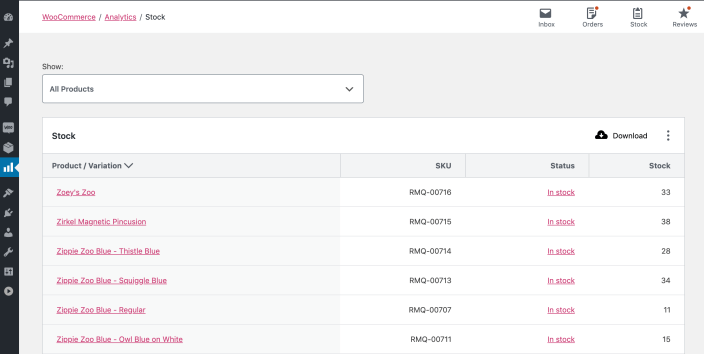WooCommerce Analytics 库存报表界面