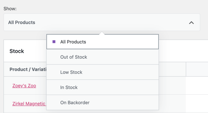 WooCommerce 库存报表中的库存状态筛选器