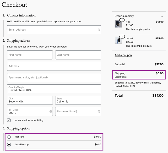 WooCommerce 结账页显示本地自提选项的示例