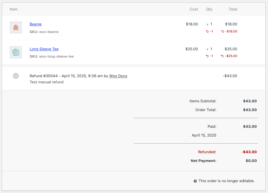 WooCommerce 手动退款设置界面