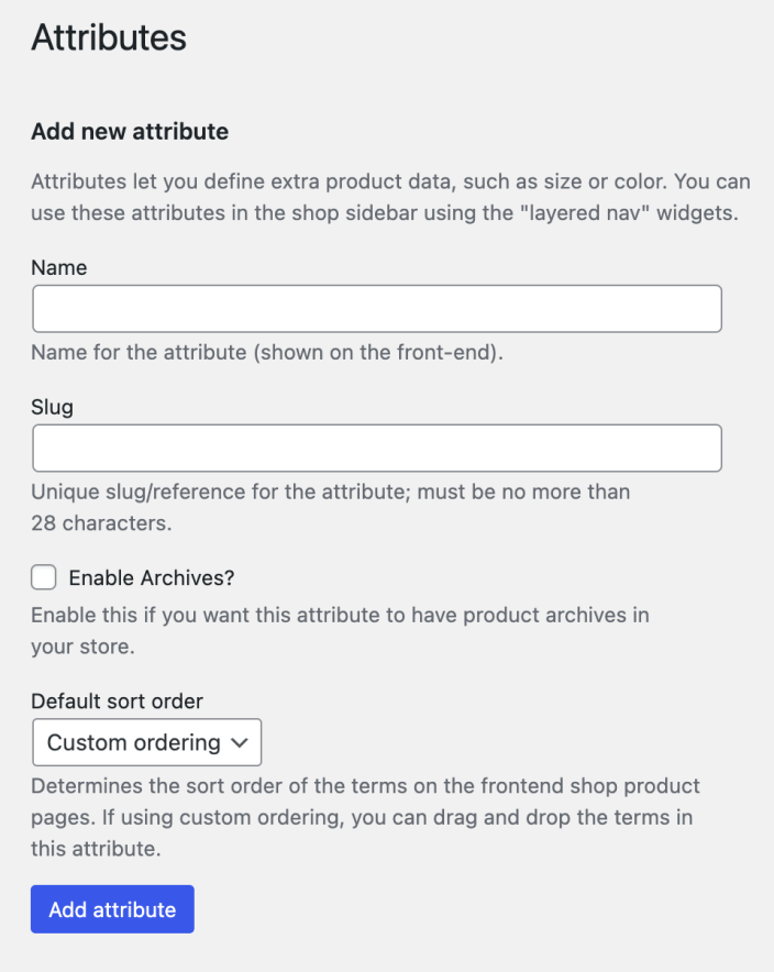 WooCommerce 新建商品属性的后台界面