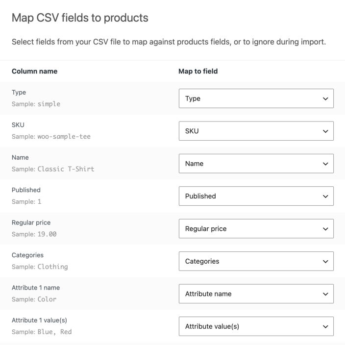 WooCommerce CSV 导入字段映射界面