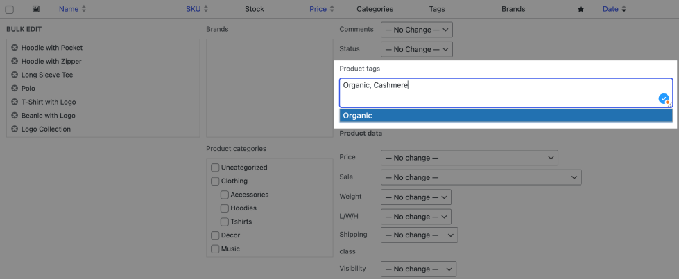 WooCommerce 批量编辑商品标签的界面