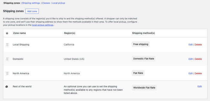 The shipping zones list interface in WooCommerce backend.