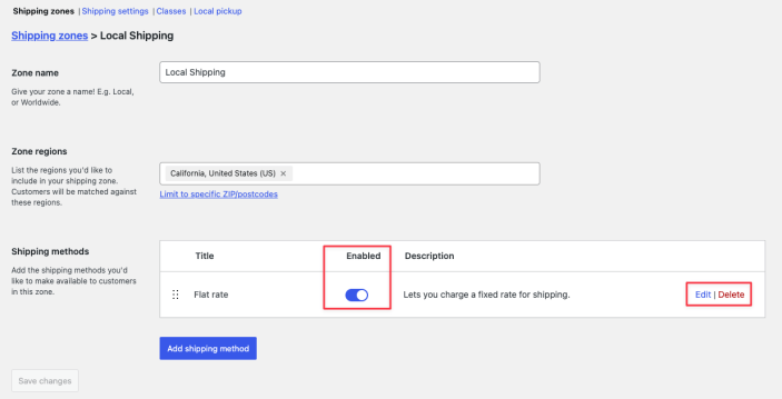 WooCommerce Shipping Method Activation and Deletion Interface