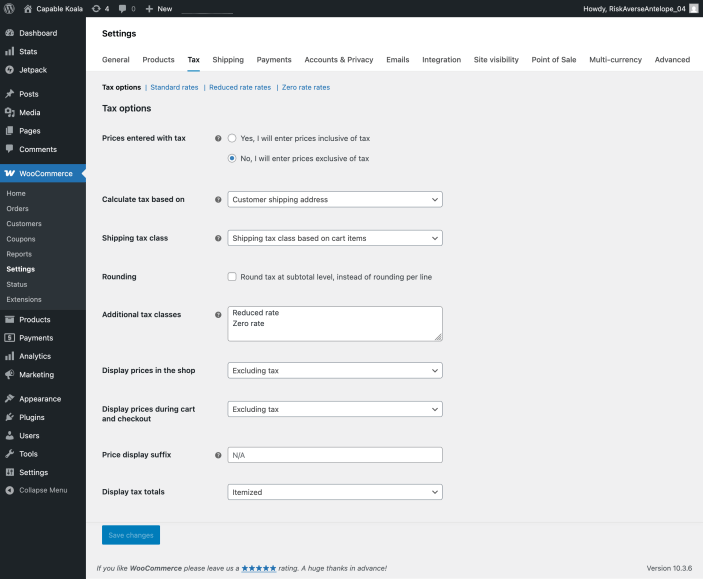 WooCommerce 税费选项页面