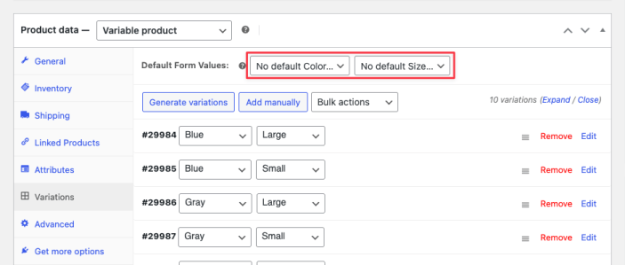 WooCommerce 设置默认变体选项界面