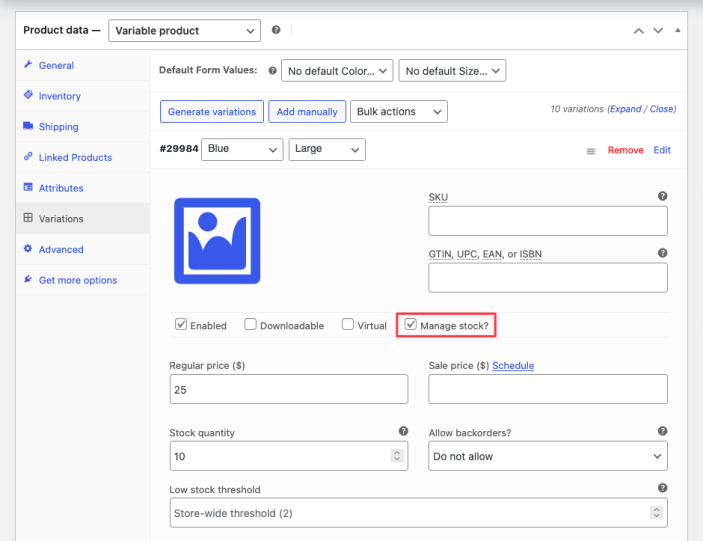 WooCommerce 变体级库存管理设置界面